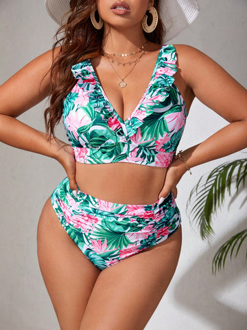 Plus Tropical Print Ruffle Trim Bikini Swimsuit