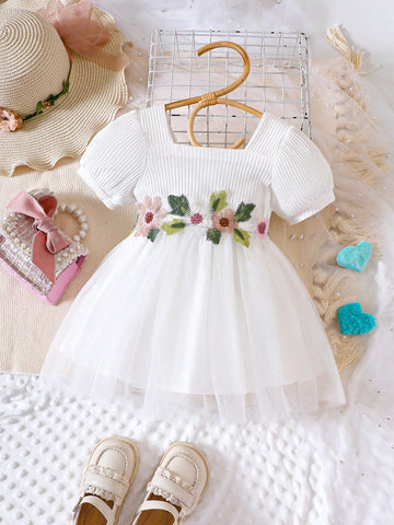 Baby Girl Floral Embroidery Appliques Puff Sleeve Mesh Overlay Dress