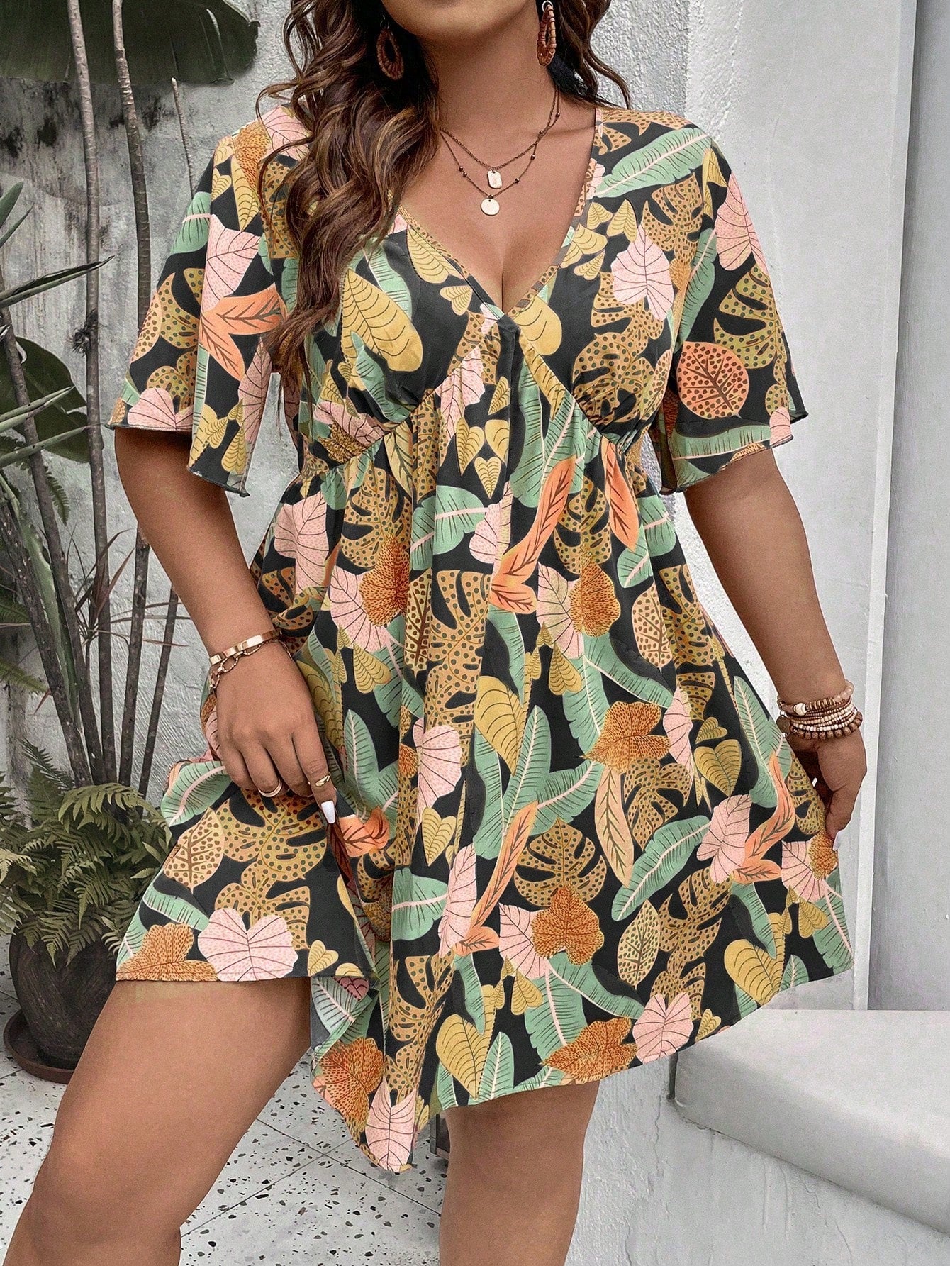 Plus Tropical Print Butterfly Sleeve Dress