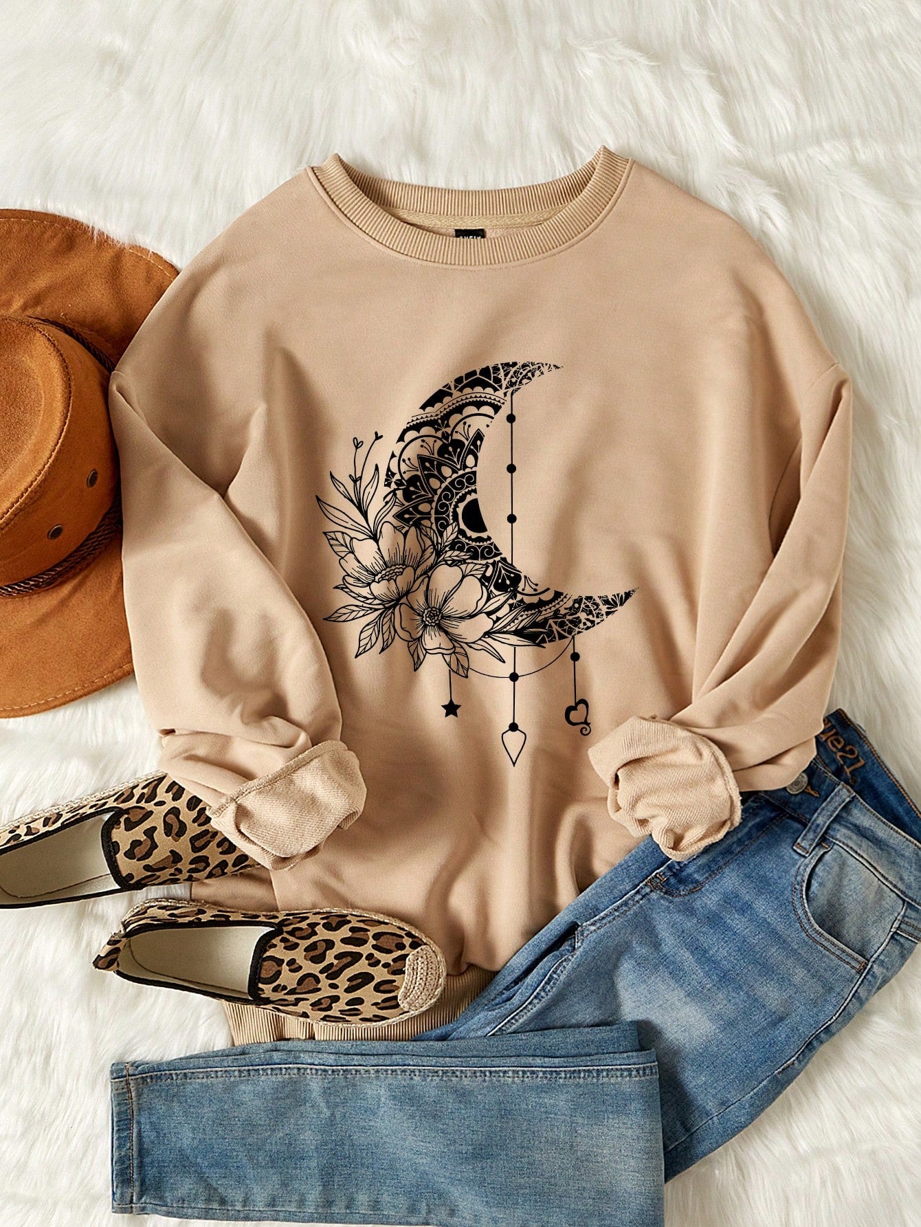 Women's Round Neck Sweatshirt With Moon And Flowers Design, Suitable For Autumn And Winter