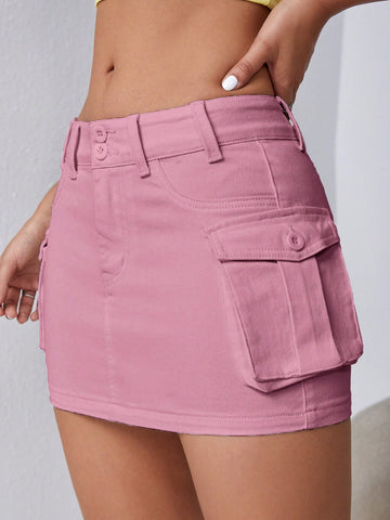 Flap Pocket Side Cargo Denim Skirt