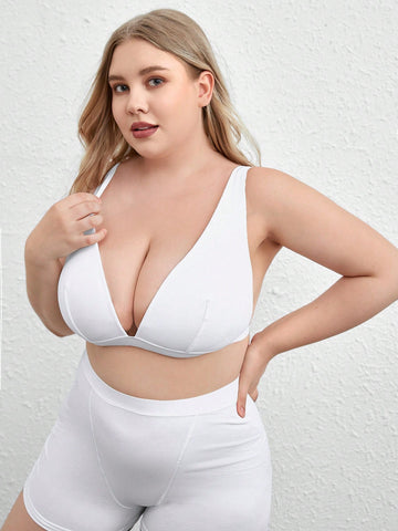 Plus Stretchy & Comfy Rib Long Triangle Cup Wireless Bralette - White