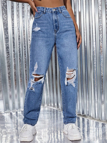 Solid Ripped Detail Jeans