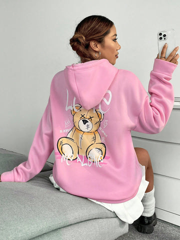 Bear & Letter Graphic Drop Shoulder Drawstring Thermal Lined Hoodie