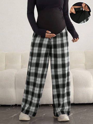 Maternity Plaid Print Adjustable Waist Wide Leg Pants