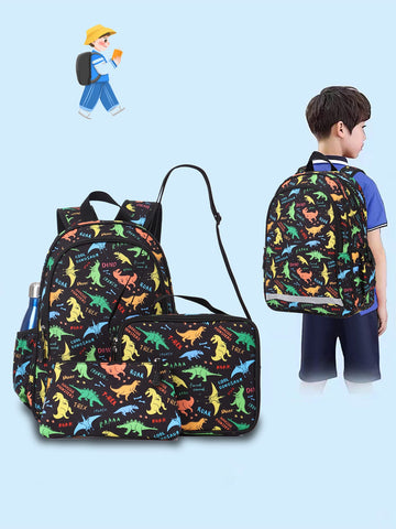 15.75 Inches/40cm 3pcs/set Lightweight Backpack Set For Boys And Girls With Lunch Box And Pencil Case, Perfect For Travel, Camping And Outdoor Activities, Cartoon Design With Dinosaur Pattern, Padded Back And Adjustable Straps