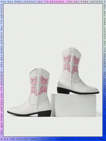 Girls Embroidery Detail Zipper Side Preppy Boots For Outdoor