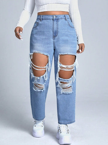 Plus High Waist Ripped Cut Out Jeans