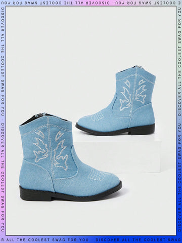 Western Style Cowgirl Short Boots For Girls, Embroidery Detail, Rounded Toe, Comfortable & Breathable, Flat Heel