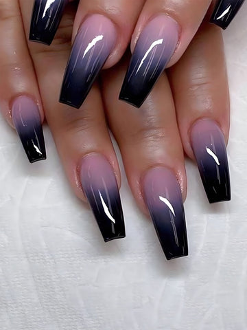 24pcs Long Coffin Nails Set With Purple Gradient French Style Design, Fashionable, Minimalist And Elegant, Detachable False Nail Tips, Suitable For Daily Wear, Parties, Dating, Shopping.