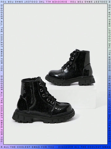 Girls' Comfortable And Breathable Short Boots, Sparkling Material, Tie-up Shoelaces, Flar Heel Combat Boots