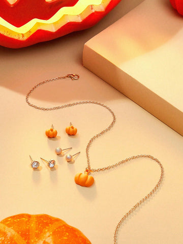 1 Necklace 3 Pairs Earrings Girls Pumpkin Orange Spray Paint Transparent Rhinestone Cute Jewelry Set Suitable for Halloween