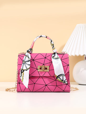 Tote Bag With Diamond Pattern And A Randomly Selected Silk Scarf Decoration