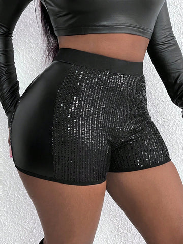 Elegant High-Waisted Women's Shorts With Sparkling Sequins And Pu Coating Fabric