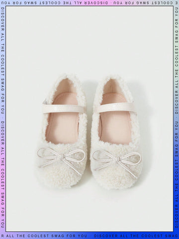 Fashionable And Cute Bowknot, Warm, Comfortable And Non-slip Kids' Flat Shoes With Furry Lining For Girls