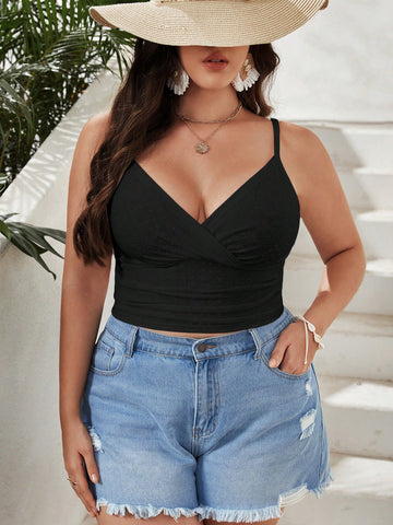 Plus Size Casual Holiday V Neck Hollow Out Solid Color Camisole Top