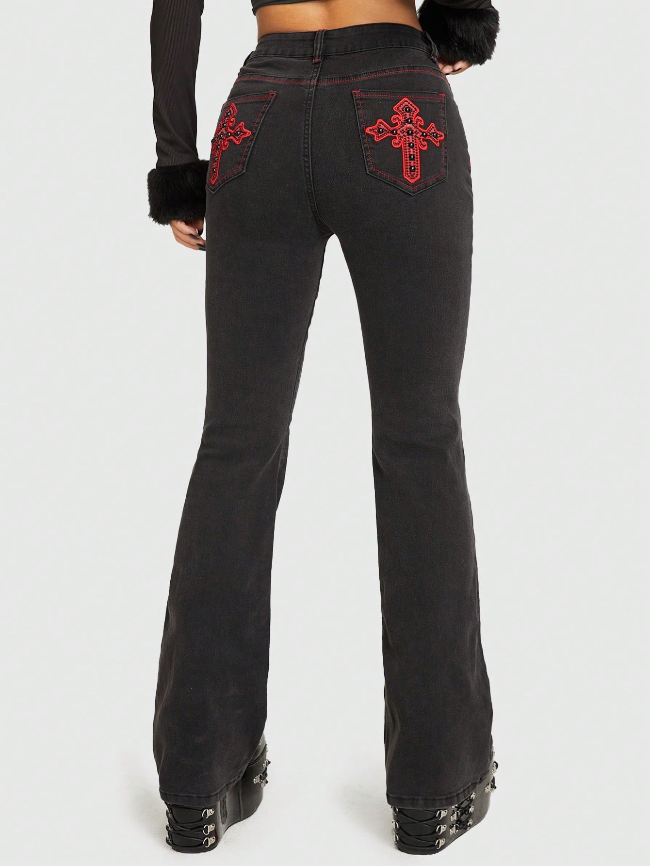 Cross Embroidery Flare Leg Jeans