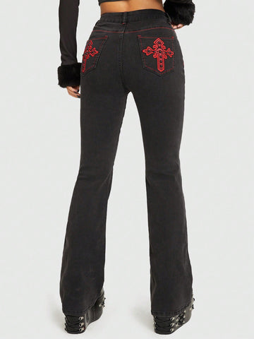 Cross Embroidery Flare Leg Jeans