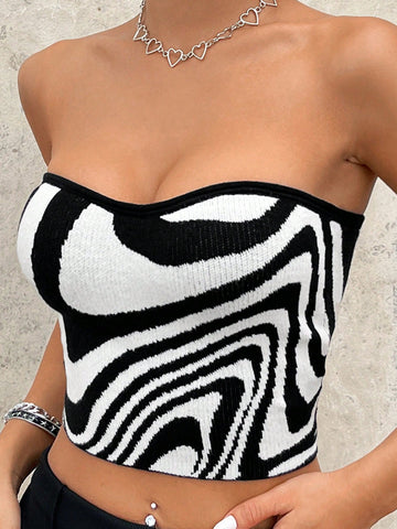 Graphic Pattern Crop Tube Knit Top
