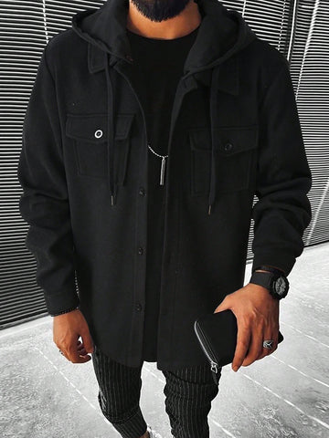 Men 1pc Flap Pocket Drawstring Hooded Overcoat