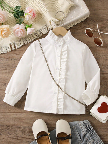 Young Girl Basic Elegant Shirt With Ruffle Collar Design, Long Sleeve White Blouse, Campus Style