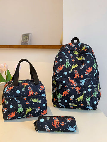 3pcs/set Student Cartoon Printed Large Capacity Backpack, Lunch Box, & Pencil Case, Pattern & Placement Random