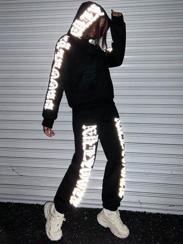 Reflective Letter Graphic Hoodie & Sweatpants