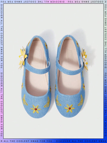 Fashionable Country Style Embroidered Children's Shoes Made Of Denim Fabric With Pearls, Comfortable Flat Heel, Suitable For Autumn
