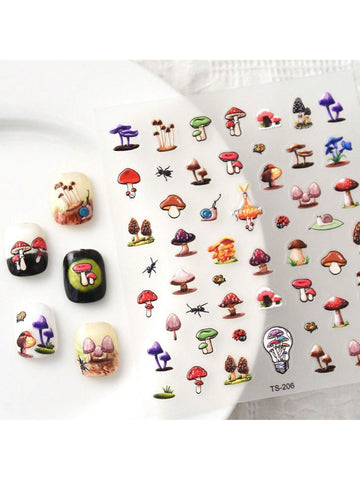 1pc 5d Relief Adorable Snail & Mushroom Nail Art Sticker - 5d Relief Self-adhesive Flowers, Suitable For Diy Nail Design