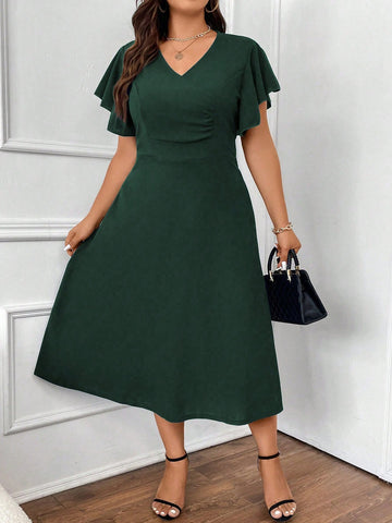 Plus Solid Butterfly Sleeve A-line Dress