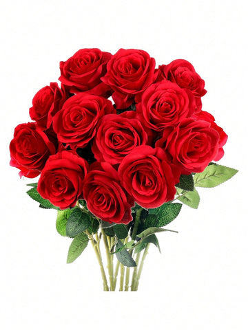 1PC/12PCS Red Roses Artificial Silk Flowers, Fake Roses With Long Stems Realistic Faux Rose Bouquets For Wedding Decorations Bridal Shower Floral Arrangements Party Home Table Decor