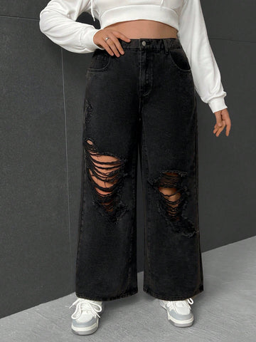 Plus Ripped Wide Leg Jeans