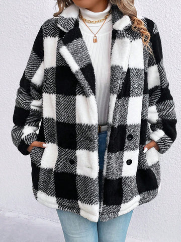 Plus Buffalo Plaid Pattern Double Breasted Teddy Coat