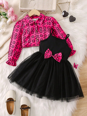 Young Girl Fashionable Two Piece Set With Digital Print Pink Top And Suspender Mesh Skirt For Spring, Summer, Autumn And Winter