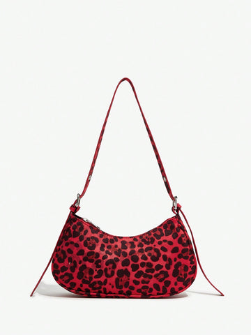 Elegant Ladies Leopard Print Red Fabric Zipper Shoulder Bag,Evening Bag,For Party, Prom,Date,Birthday