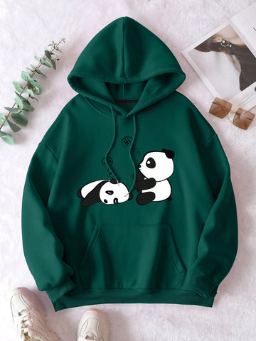Plus Panda Print Kangaroo Pocket Drawstring Thermal Hoodie