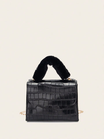 Crocodile Pattern Flip Lock Chain Fur Top Handle Solid Color Minimalist Fashion Kids' Handbag