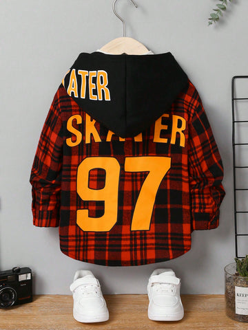 Young Boy Plaid & Letter Graphic Hooded Shirt