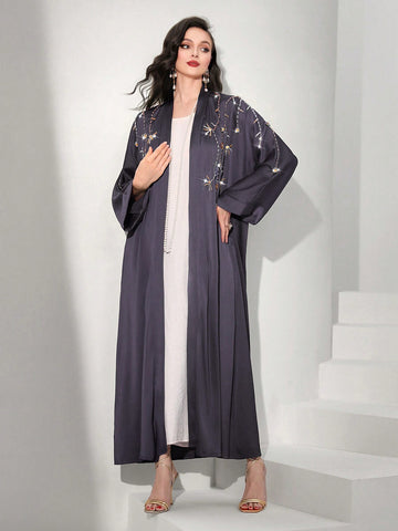 Floral Applique Contrast Sequin Open Front Abaya
