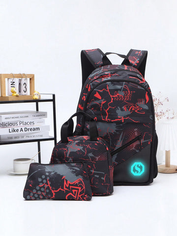 18.5in/47cm 3pcs/set Boys' And Girls' Backpack Set With Lunch Box And Pencil Case, Perfect For Travel, Camping, Cartoon Shoulder Bag, Printed, Fashionable (soccer Themed), Padded Back And Adjustable Shoulder Straps