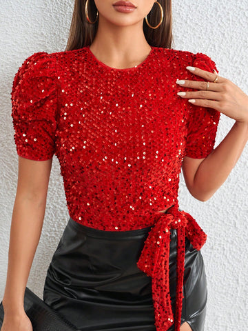 Puff Sleeve Knot Side Sequin Blouse