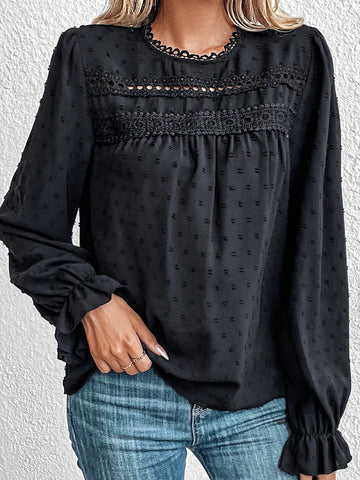 Swiss Dot Guipure Lace Insert Flare Sleeve Blouse