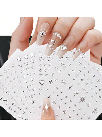 6pcs Metal Silver Nail Stickers Y2K 3D Star Nail Art Stickers Decals Metallic Self-Adhesive Nail Art Stickers Metal Chain Heart Lock Necklace Angel Wings Nail Decals Self-adhesive Nail Decal Stickers