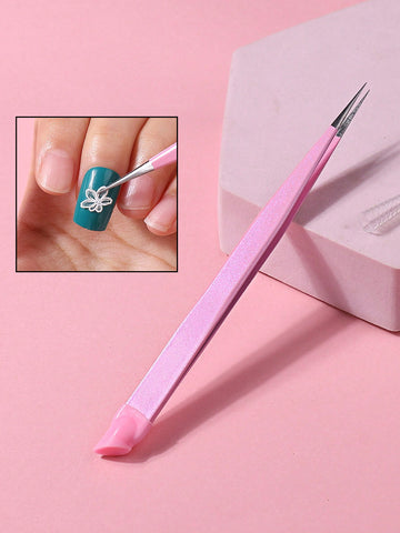 1Pc Multifunctional Double Headed Nail Art Tweezers With Silicone Pressing Stick, For Picking Rhinestones & Nail Stickers, Peacock Design Straight Clamp, With Silicone Handle