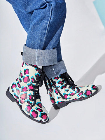 Trendy And Cool Children's Comfortable Anti-skid Motorcycle Boots With Leopard Print And Colorful Design