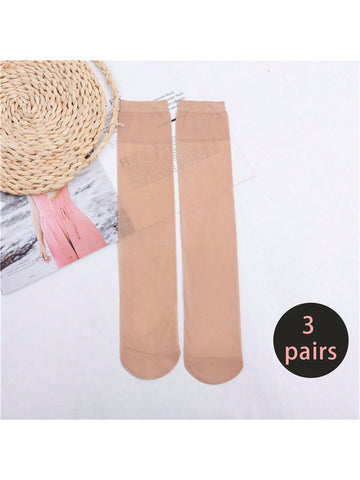 3pairs Apricot Sheer Women's Socks, Jk Socks, Summer Thin Knee High Stockings, Preventing Hook And Breathable, Ins Style Half Covered Silk