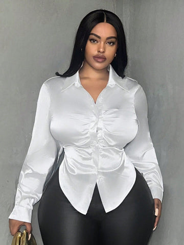 Women's Plus Size Elegant Office Solid Color Slim Fit Shirt With Front & Middle Drawstring Detail And Irregular Hemline