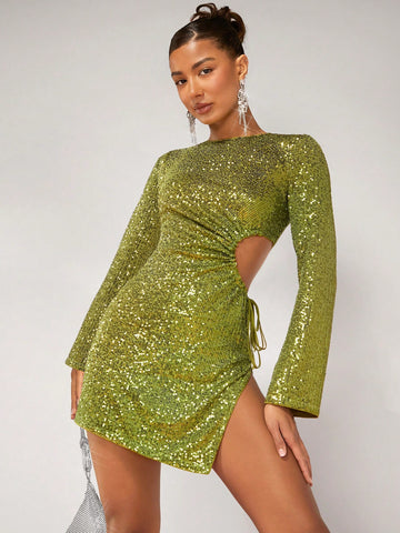 Drawstring Side Cut Out Split Thigh Sequin Dress