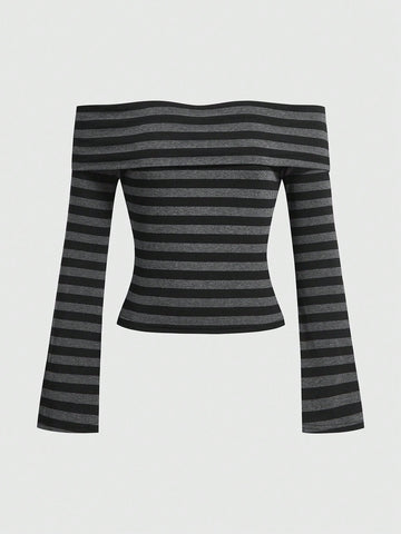 Sexy Off Shoulder Striped Collar Color Block Slim Fit Plus Size Women's Long Sleeve T-Shirt