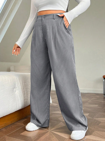 Plus Striped Print Slant Pocket Wide Leg Suit Pants